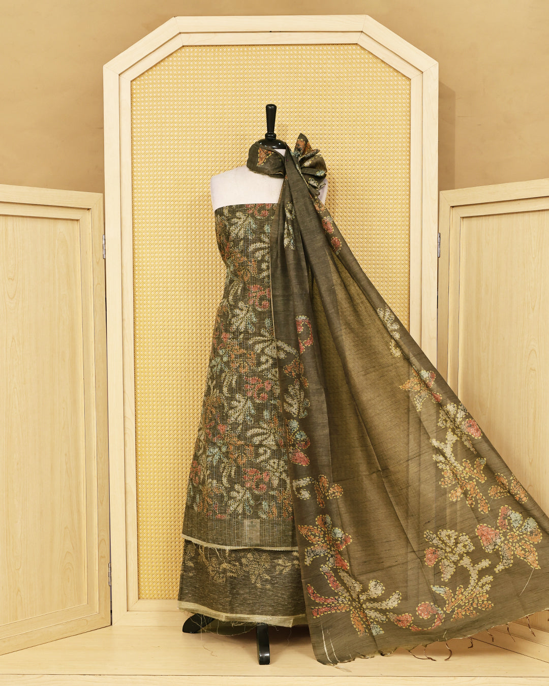 Olive Brown colour organza Salwar Material featuring elegant floral prints on the kurta, paired with a matching bottom and a self coloured printed dupatta.