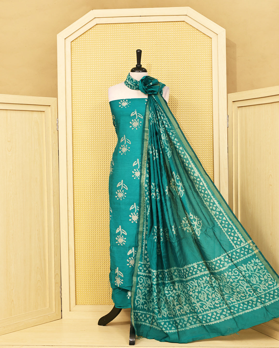 Green colour chanderi Salwar material Floral print on body, paired with matching bottom & Dupatta.