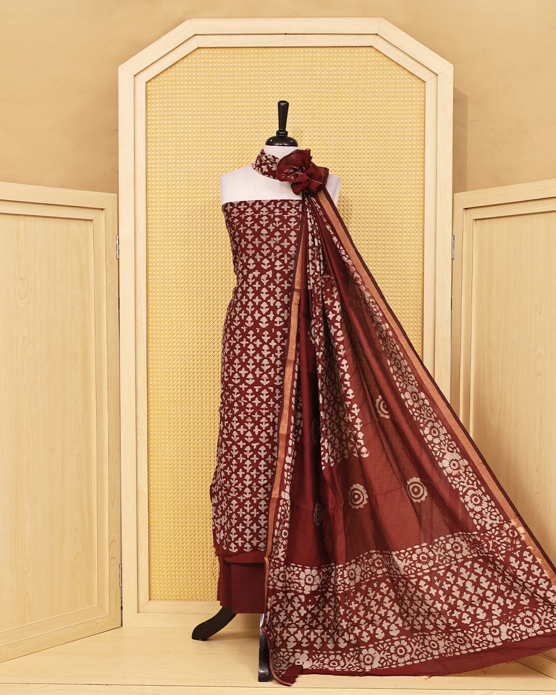 maroon colour chanderi salwar material featuring a printed Kurta with a matching dupatta for a timeless ethnic look.