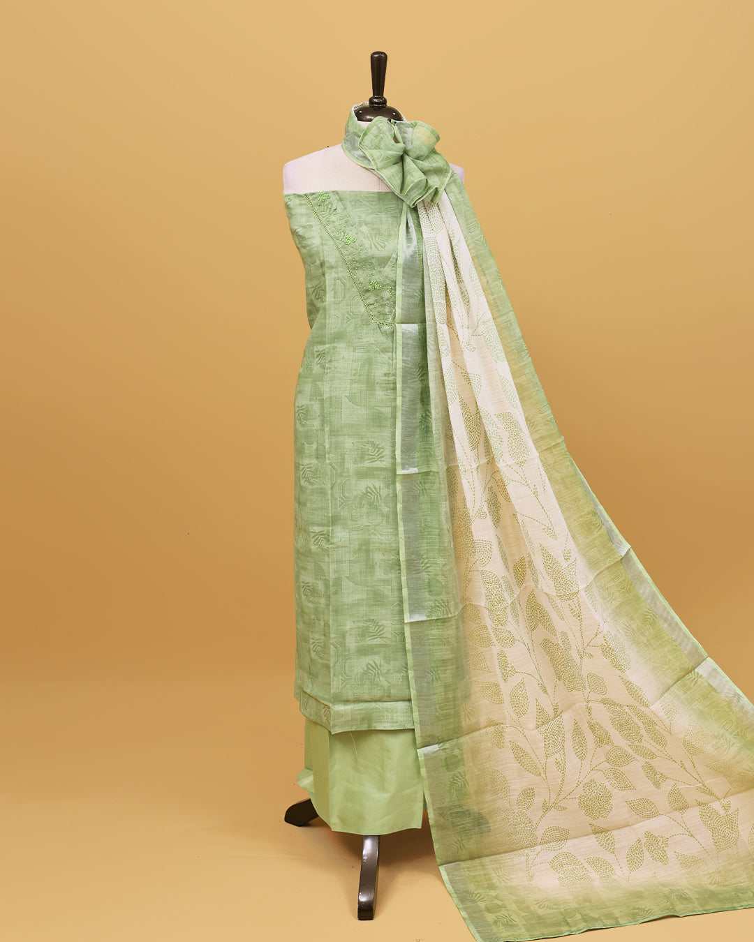 Pastel Green colour linen Salwar material with Thread & Beats work on body, matching bottom & Dupatta.