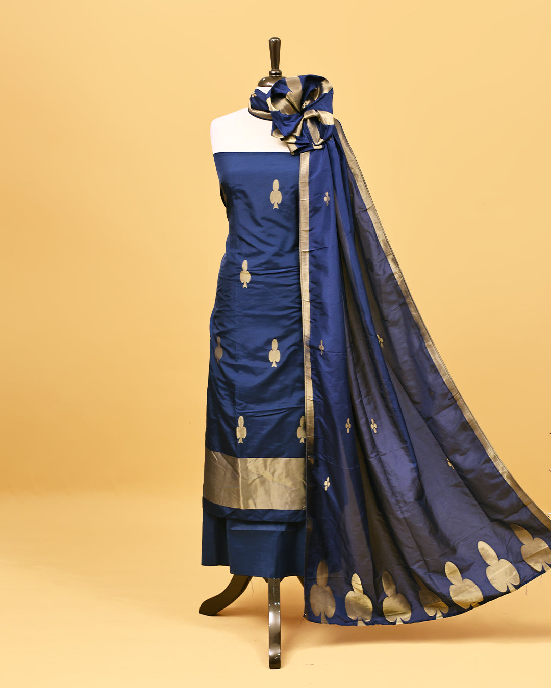 Navy Blue colour Salwar material with Gold zari Club card design on body, matching bottom & Dupatta.