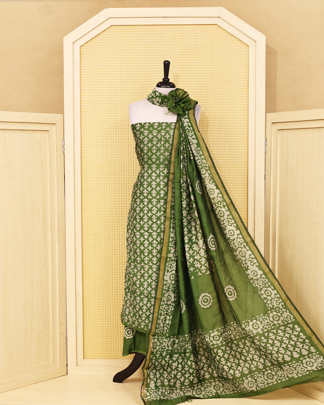 Green colour chanderi Salwar Material featuring elegant geometric prints on the kurta, paired with a matching solid bottom and a matching printed dupatta.