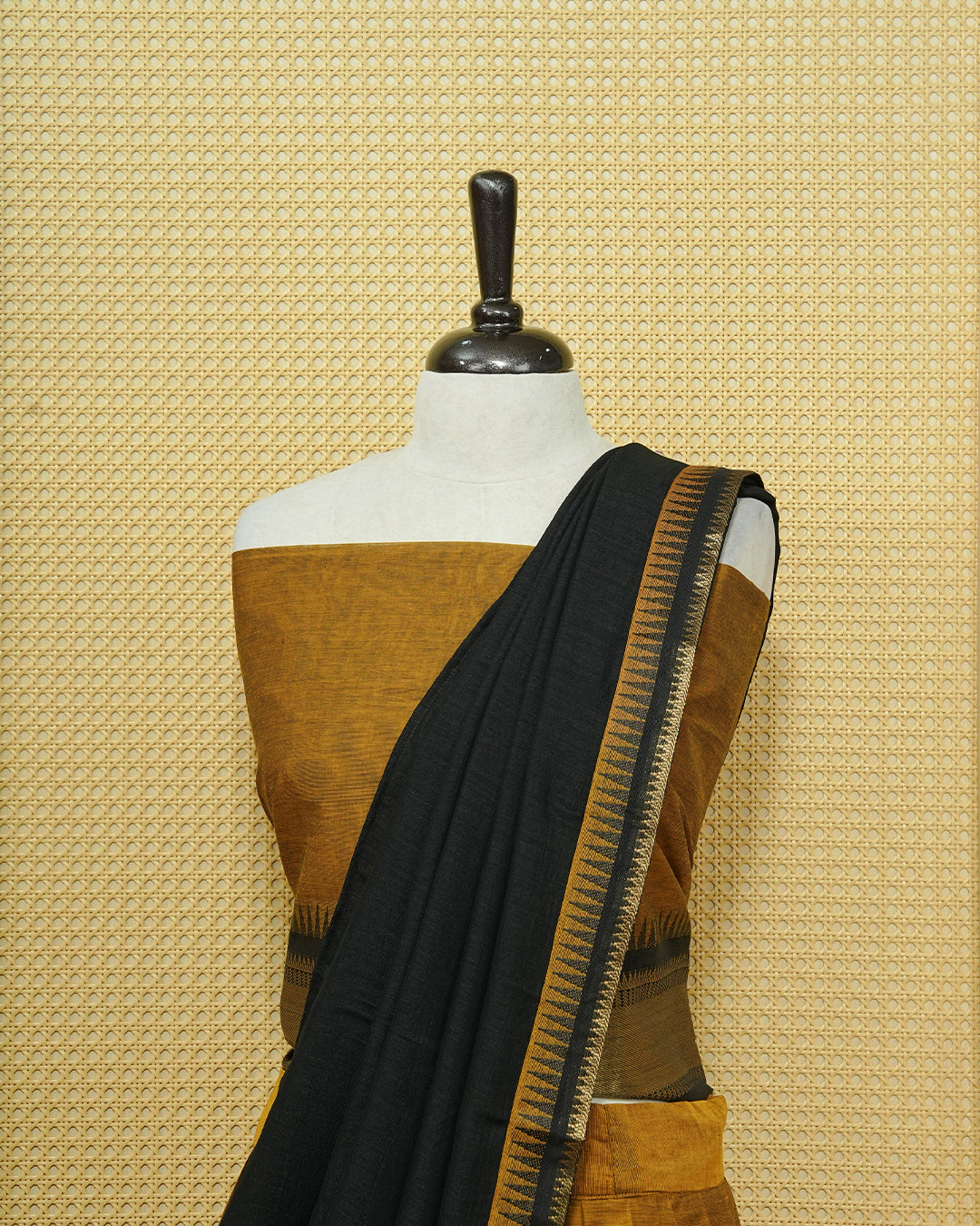 Mustard Colour chettinad cotton Semi stitched dhavani set featuring Contrast Black with Gold zari border skirt, comes with Matching blouse piece & dupatta.