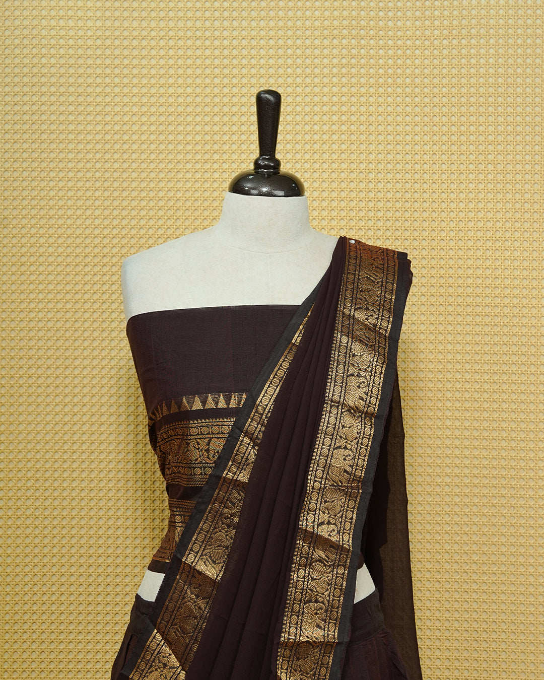 Chocoalte colour Chettinad Semi Stitched dhavani set Featuring Self colour with Gold zari border on skirt, Matching Blouse & dupatta.