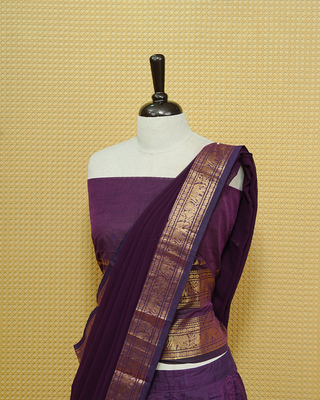 Purple colour Chettinad Semi Stitched dhavani set Featuring Self colour with Gold zari border on skirt, Matching Blouse & dupatta.
