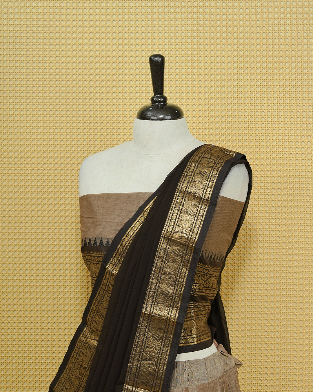 Grey colour Chettinad Semi Stitched dhavani set Featuring contrast Dark chocolate with Gold zari border on skirt, Contrast Blouse & matching dupatta.