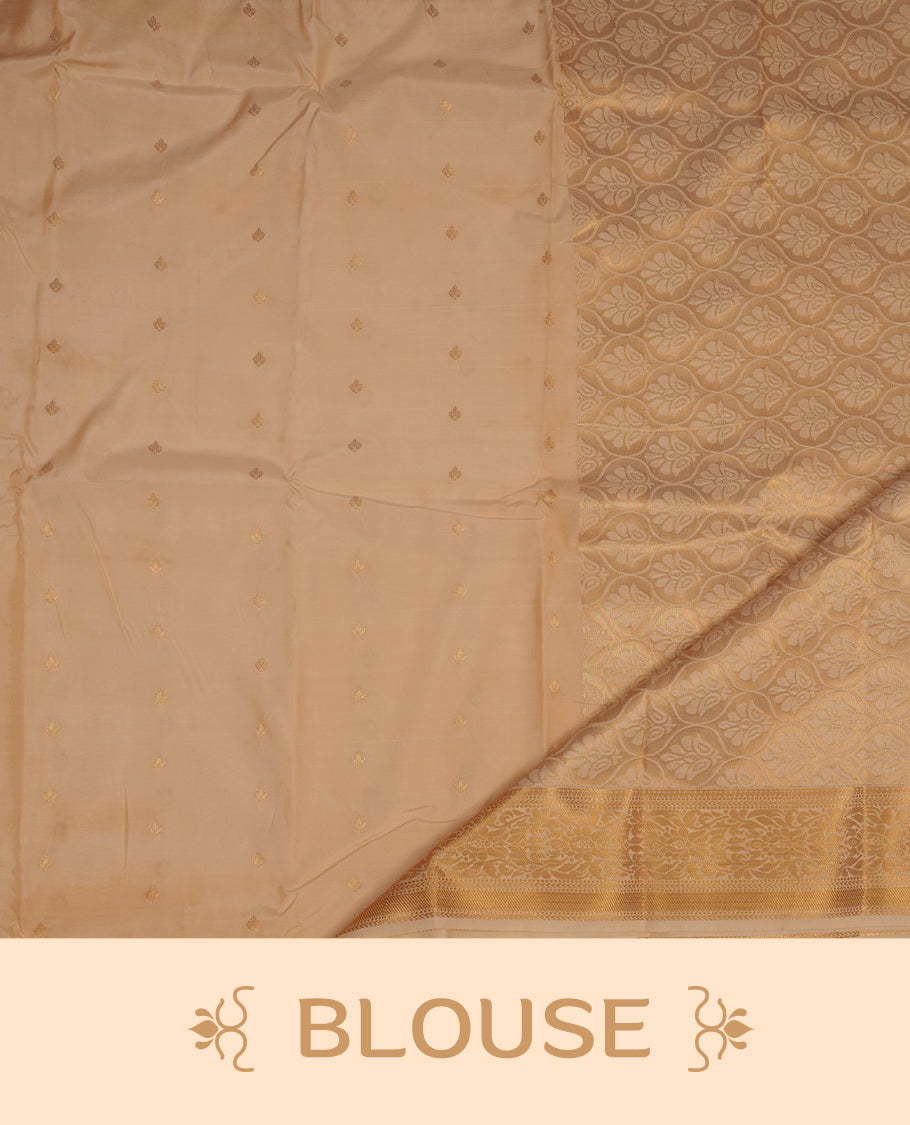 Biscuit colour shirt and dhoti with gold colour border, paired with matching colour silk saree featuring gold zari buttas and traditional border paired with matching blouse piece.