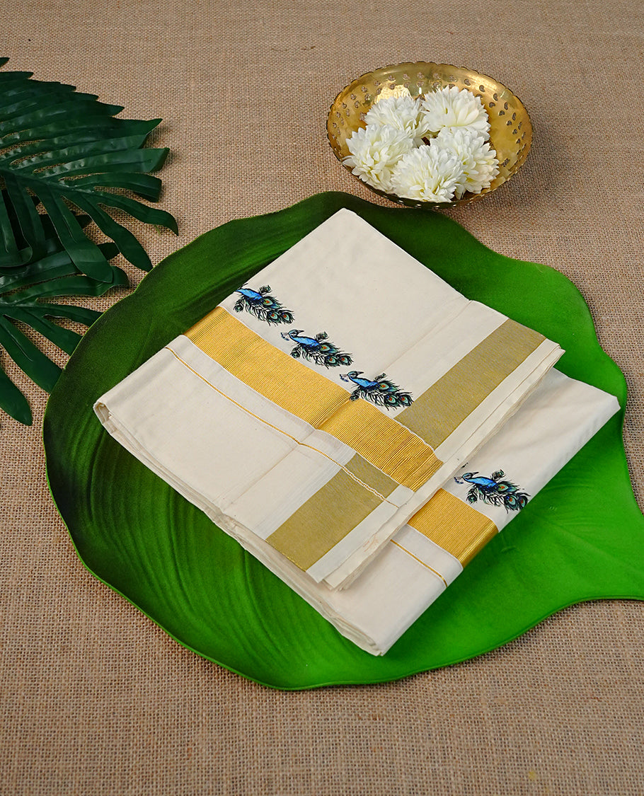 Cream Colour Cotton Double Dhoti Finished With Peacock Prints & Gold kara.