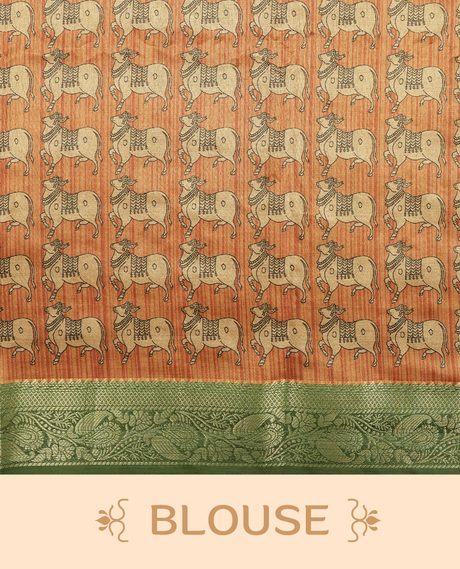 Green & mustard yellow colour Dolla silk saree featuring a striped body with a matching golden zari border, The pallu showcases exquisite Kalamkari prints, complemented by a contrast printed blouse.