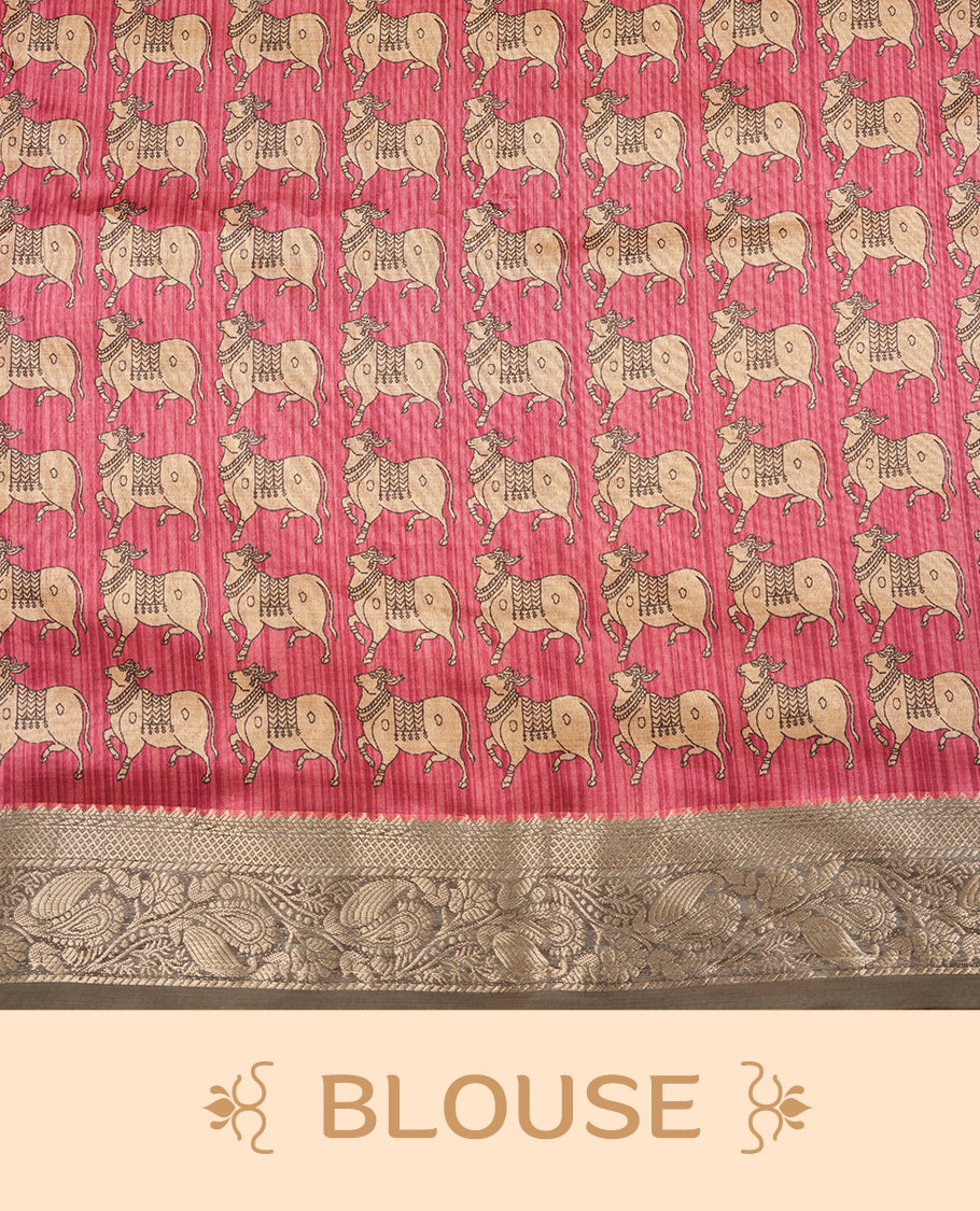 Grey & red colour Dolla silk saree featuring a striped body with a matching golden zari border, The pallu showcases exquisite Kalamkari prints, complemented by a contrast printed blouse.