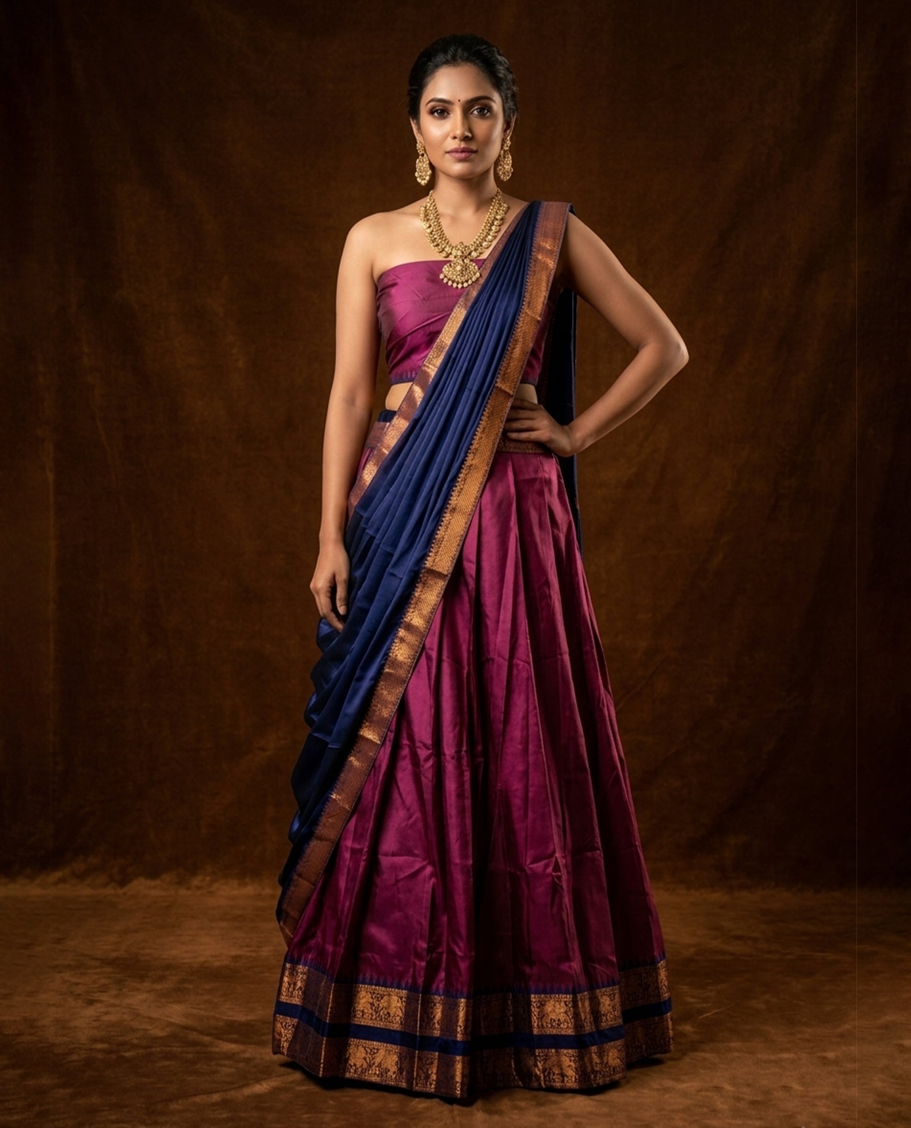 Burgundy colour semi stitched Half saree featuring contrast navy blue colour with Antique zari traditional border skirt, paired with matching zari border dupatta, unstitched blouse piece