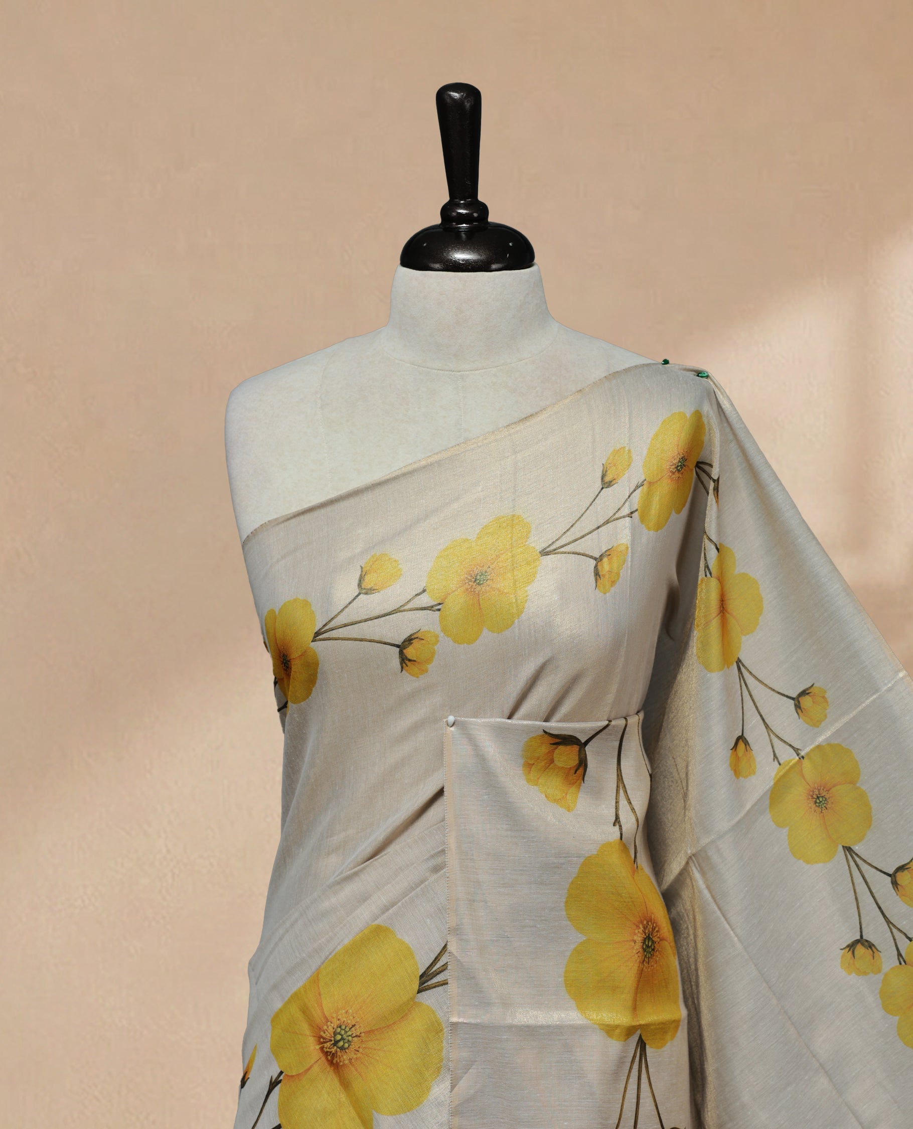 Butter Cream colour Linen Tissue Saree featuring Yellow colour small & Big floral printed border, Comes with Contrast Self Printed Blouse.