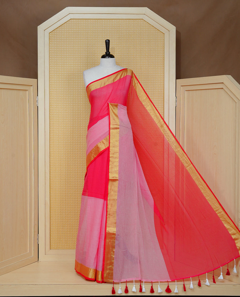 Dark Pink with Baby pink Dual colour Mul cotton saree featuring Half & Half Dual Tone Plain Body, Complemented by Gold tissue Border & pallu.