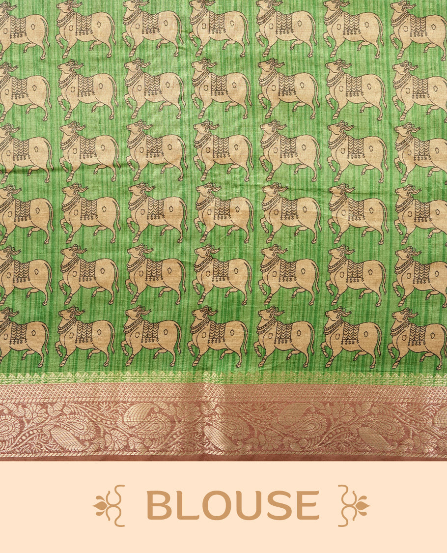 Mauve & green colour Dolla silk saree featuring a striped body with a matching golden zari border, The pallu showcases exquisite Kalamkari prints, complemented by a contrast printed blouse.