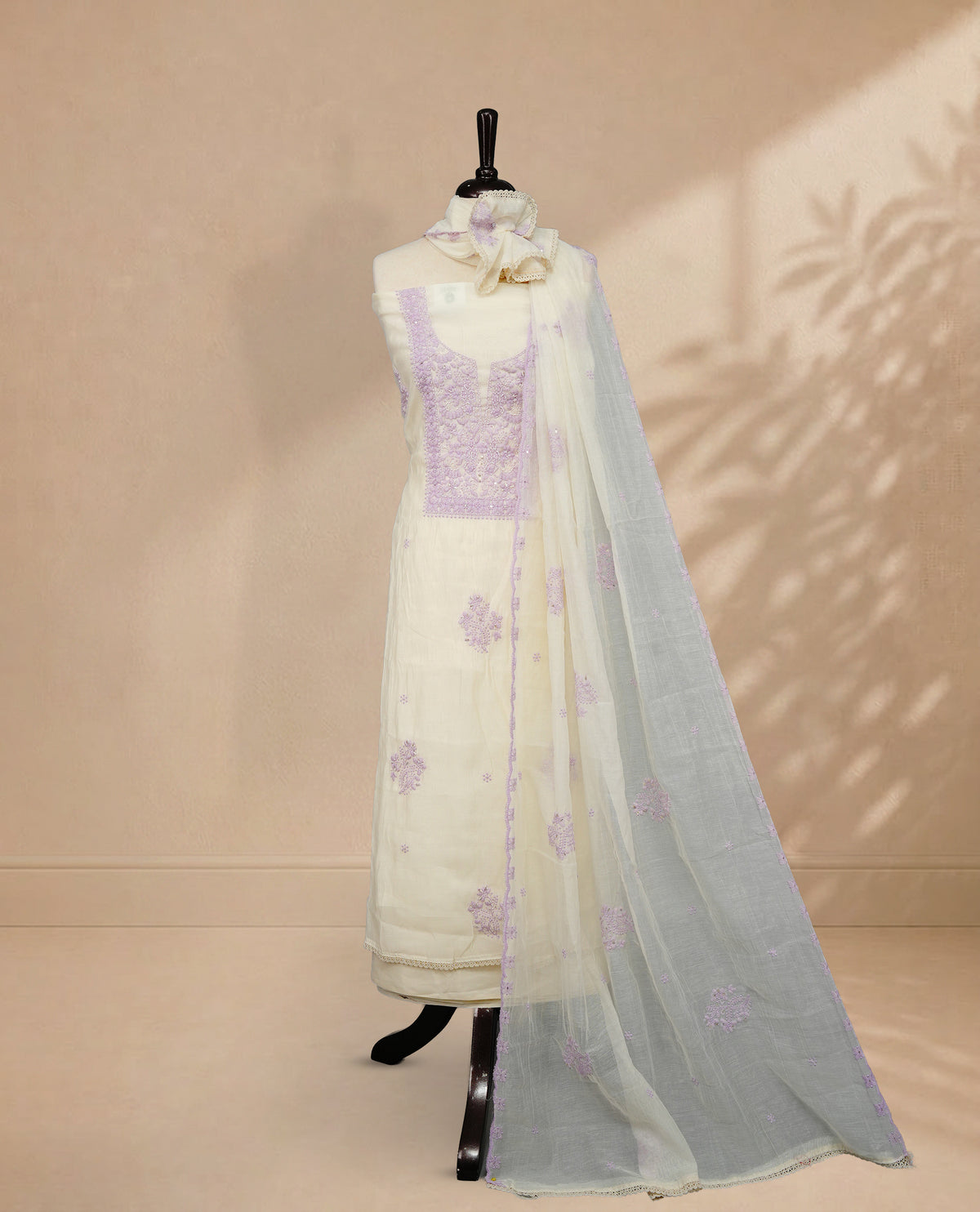 Ivory Colour Mul Chanderi Salwar material featuring Lavender Embroidery & Delicate Bead Work on body, paired with Santon bottom & Embroidery Worked Dupatta With Scallop border.