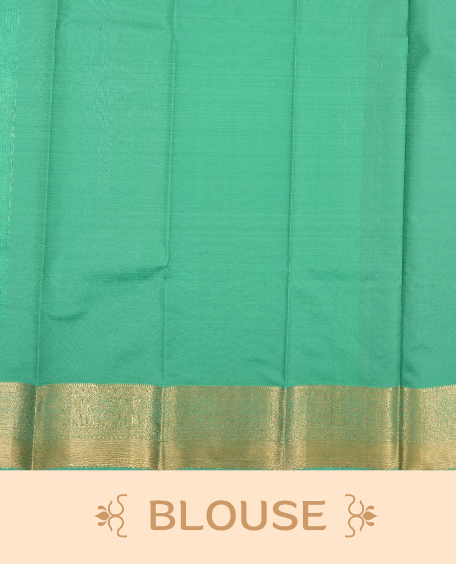 Gold and Orange colour semi soft silk saree featuring a golden patterned body, complemented by contrast green colour with gold traditional pallu & border and a matching blouse piece.