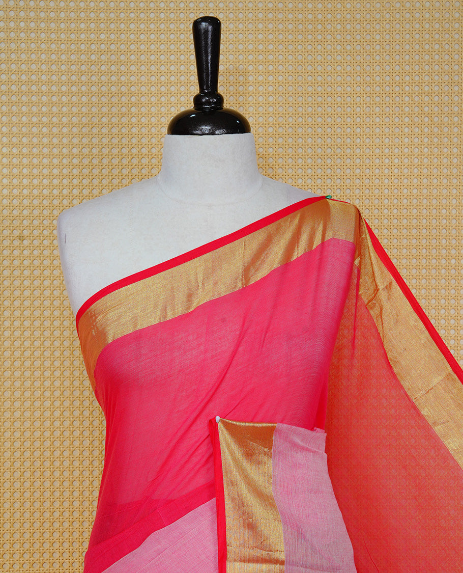 Dark Pink with Baby pink Dual colour Mul cotton saree featuring Half & Half Dual Tone Plain Body, Complemented by Gold tissue Border & pallu.