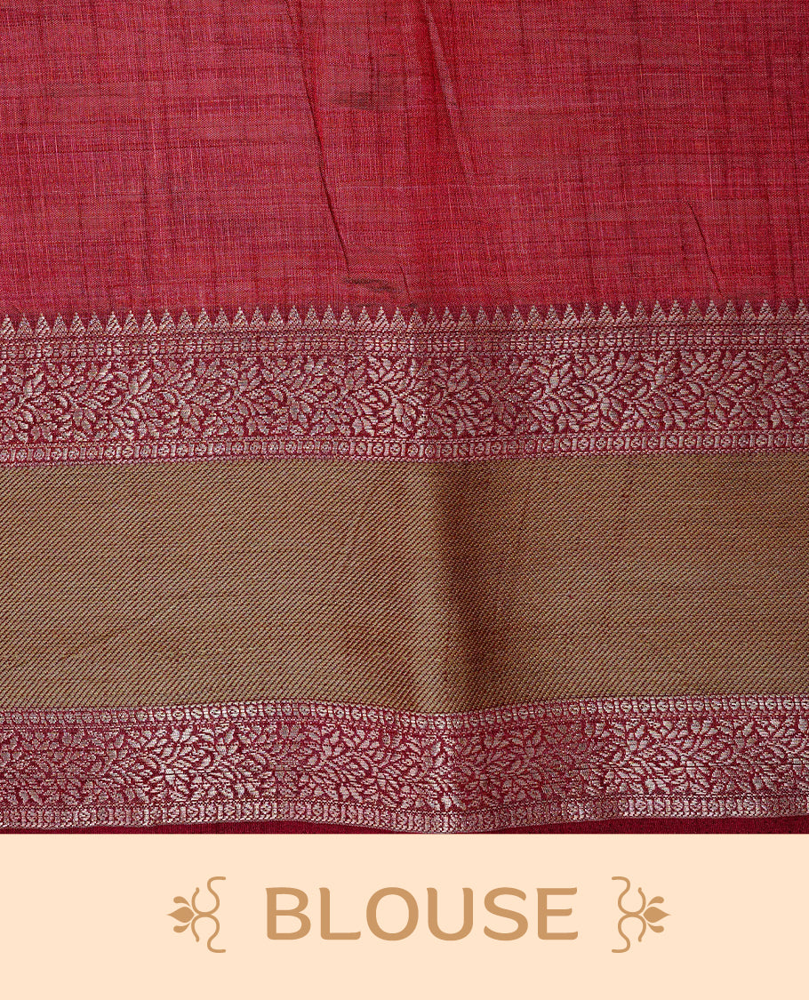 Cream colour semi Tussar silk saree featuring Elegant body, Complemented by contrast Maroon with rich zari detailed for onam special, paired with contrast Blouse for Festive look.