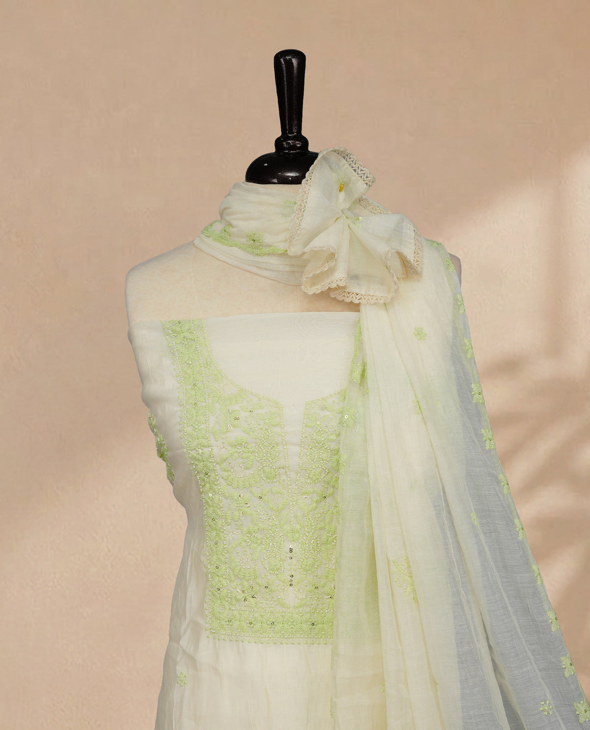Ivory Colour Mul Chanderi Salwar material featuring Light Green Embroidery & Delicate Bead Work on body, paired with Santon bottom & Embroidery Worked Dupatta With Scallop border.