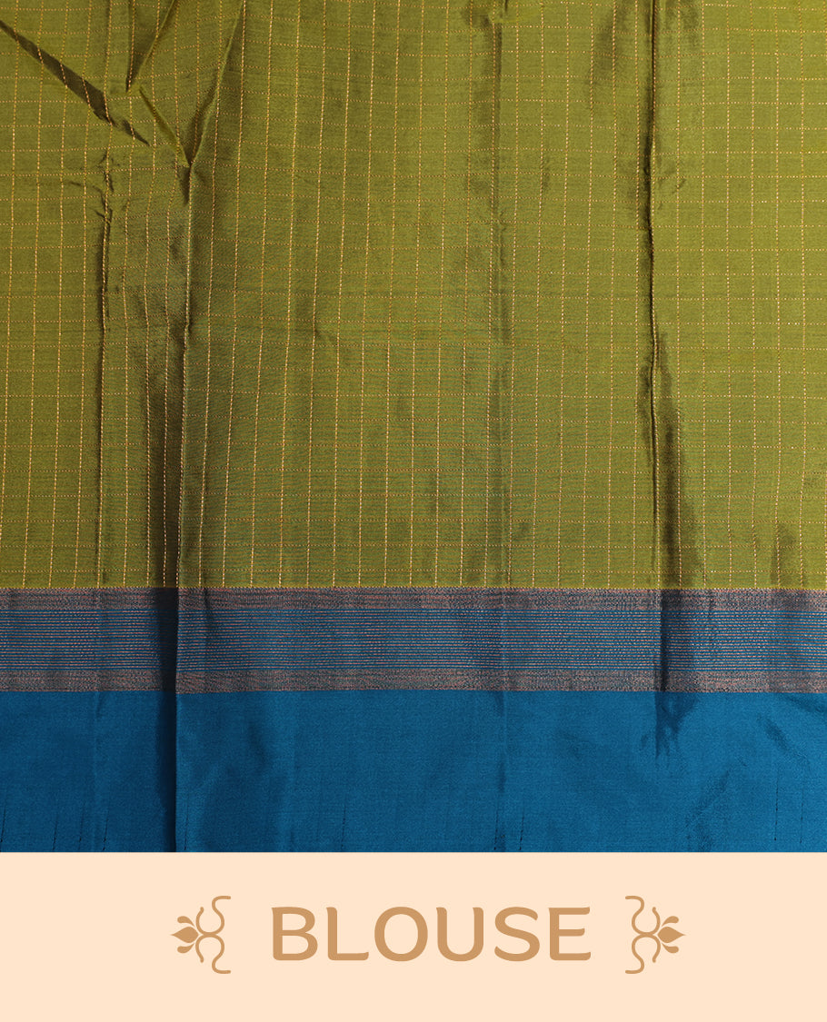 Mehandi colour Semi Silk Saree Featuring Gold zari Small Checks on body, complemented by Contrast Border Detailing, comes with matching blouse piece.