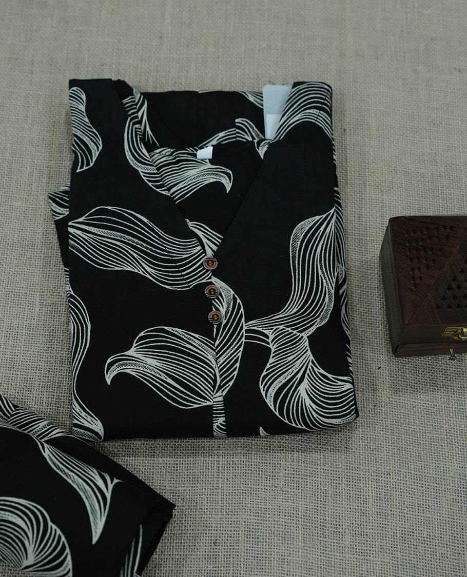 Black colour coord set featuring bold abstract white prints and front button detailing.