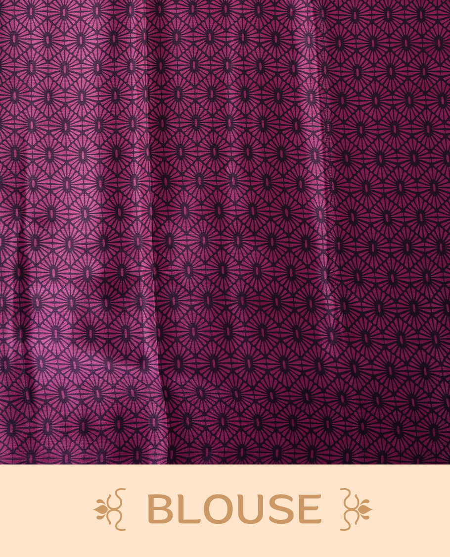Dark purple colour Turkey crepe saree with an bigcircle fancy print on the pallu, stylish printed border, and matching blouse.
