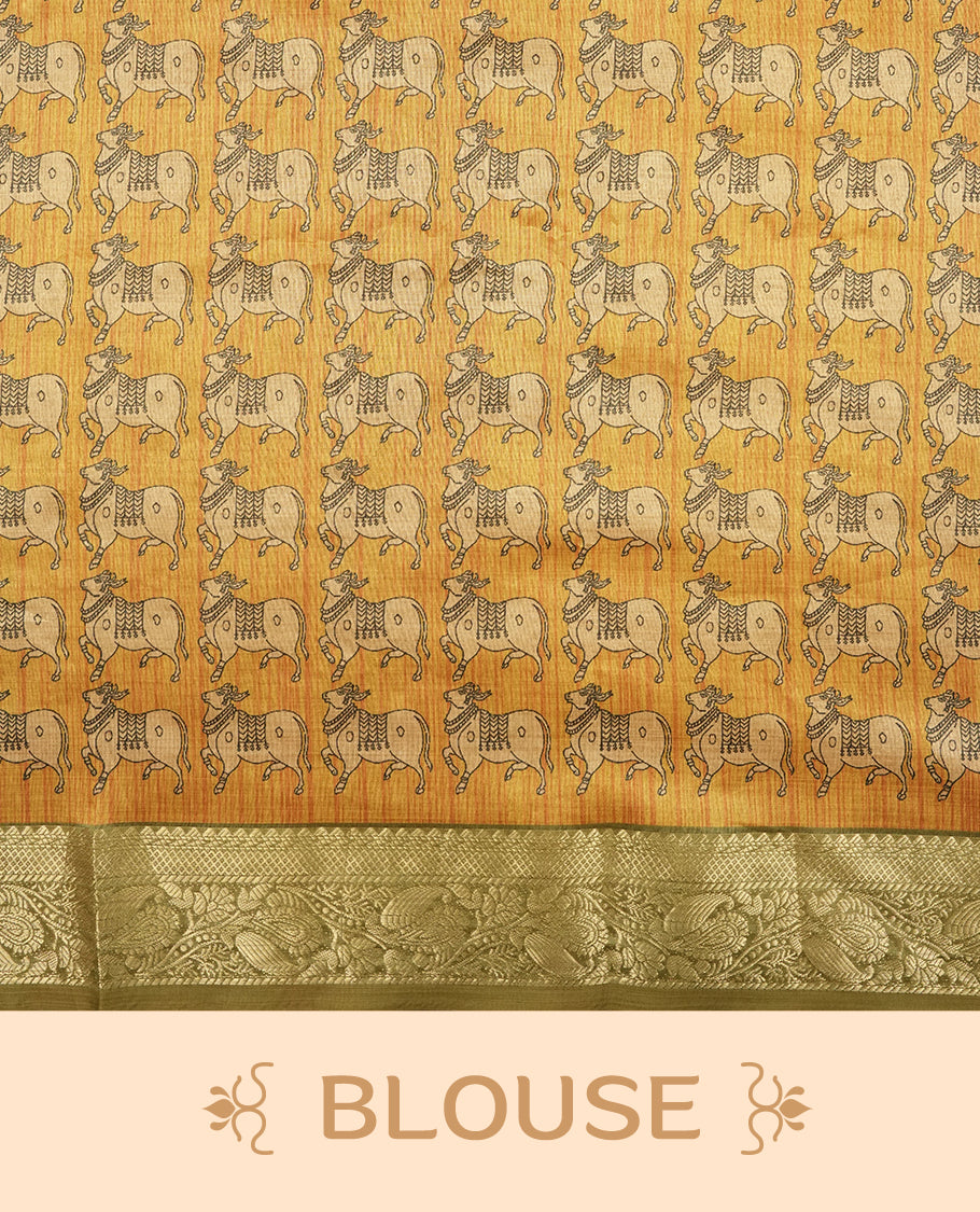 Olive green & yellow colour Dolla silk saree featuring a striped body with a matching golden zari border, The pallu showcases exquisite Kalamkari prints, complemented by a contrast printed blouse.