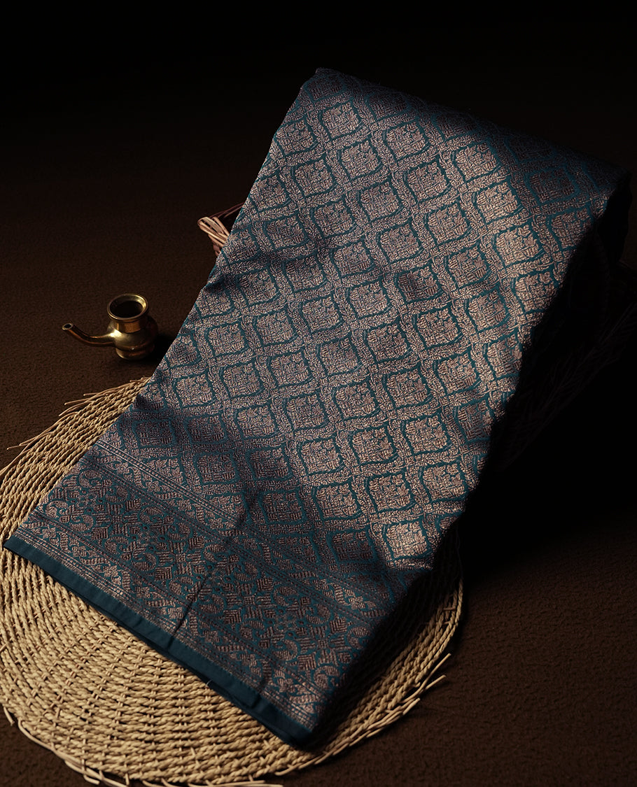 Teal Colour Semi Banarasi Katan Silk Saree with Gold Zari Buti Motifs, Traditional Gold Floral Pallu, Elaborate Woven Border, Decorative Tassels with Matching Blouse