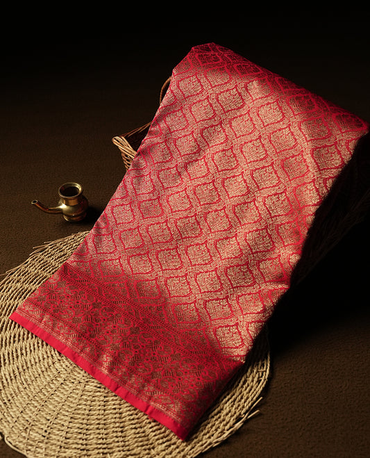 Red Colour Semi Banarasi Katan Silk Saree with Gold Zari Buti Motifs, Traditional Gold Floral Pallu, Elaborate Woven Border, Decorative Tassels with Matching Blouse