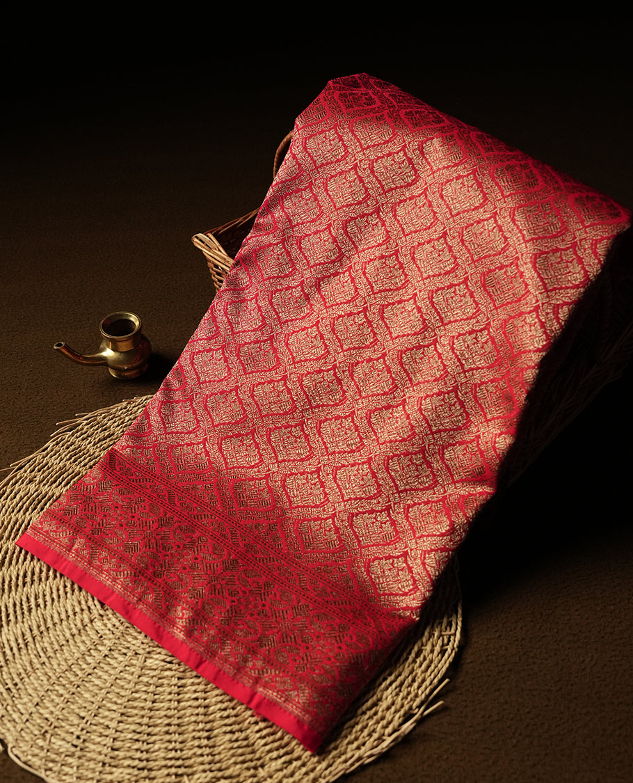 Red Colour Semi Banarasi Katan Silk Saree with Gold Zari Buti Motifs, Traditional Gold Floral Pallu, Elaborate Woven Border, Decorative Tassels with Matching Blouse