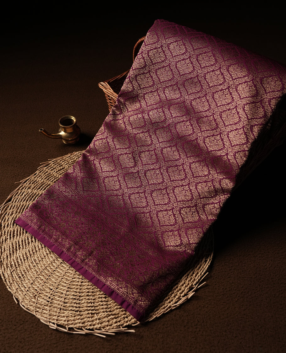 Wine Colour Semi Banarasi Katan Silk Saree with Gold Zari Buti Motifs, Traditional Gold Floral Pallu, Elaborate Woven Border, Decorative Tassels with Matching Blouse