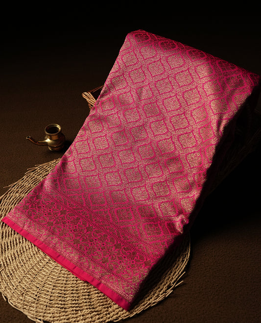 Pink Colour Semi Banarasi Katan Silk Saree with Gold Zari Buti Motifs, Traditional Gold Floral Pallu, Elaborate Woven Border, Decorative Tassels with Matching Blouse