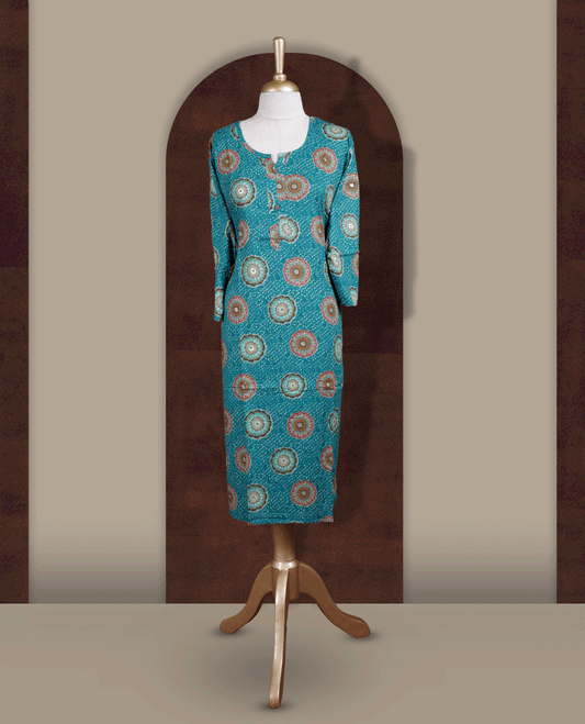 Peacock green colour straight cut kurthi featuring elegant circular ethnic prints, styled with a round V notch neckline and comfortable 3/4th sleeves.