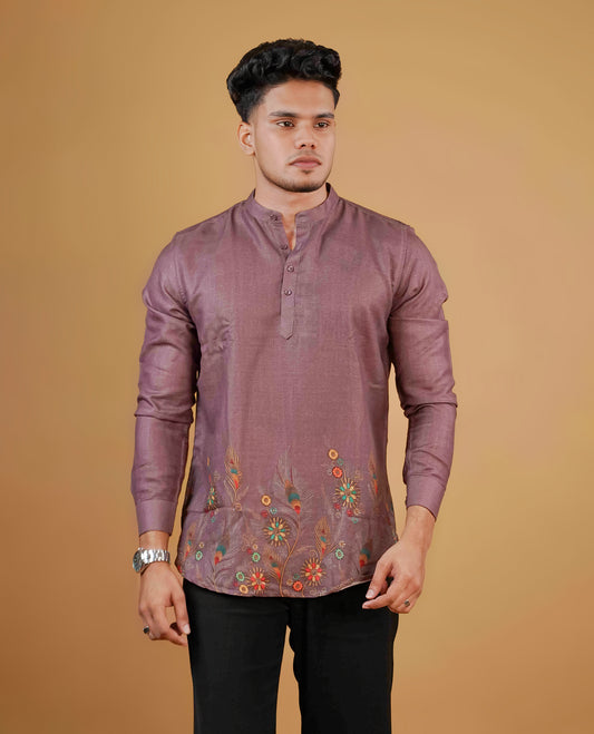 Bronze colour men's kurta featuring elegant Print on the Border, complemented by full sleeves for a refined and festive look.