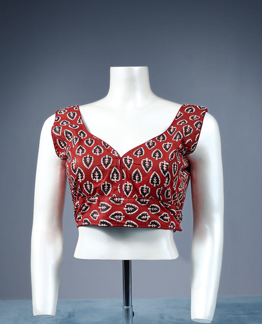Dark Red Colour Leaf Block Print, Deep Neck, Attachable Sleeves, Padded, Ready Made Blouse.