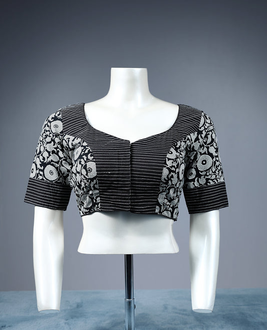 Black Colour Jaal Print, Round Neck, 2/4th Sleeves, Padded, Ready Made Blouse.