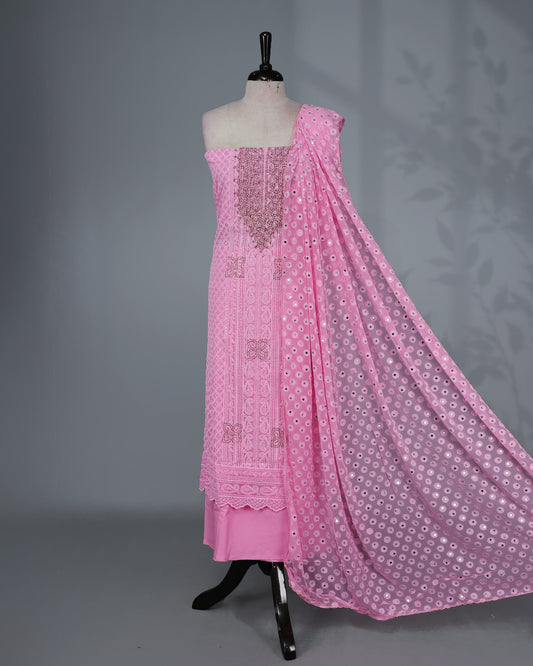 Pink Colour Georgette Salwar Material featuring elegant Chikankari work on the kurta, paired with a matching bottom and a sequins-embellished dupatta.