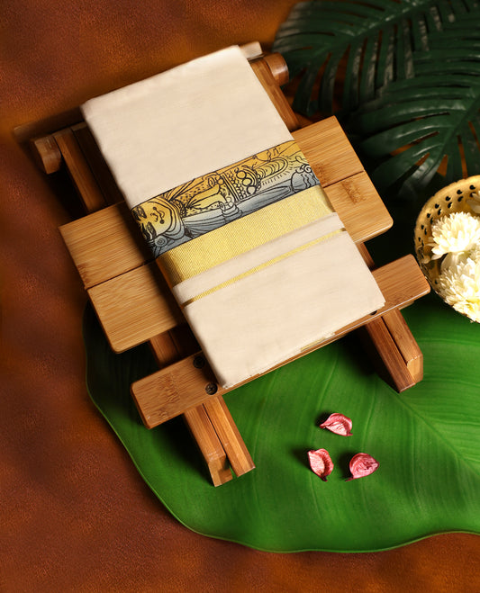 Off white colour pure handloom cotton double dhoti featuring a broad golden kara with traditional mural motif, crafted for timeless elegance and cultural charm, perfect for festive and ceremonial wear.