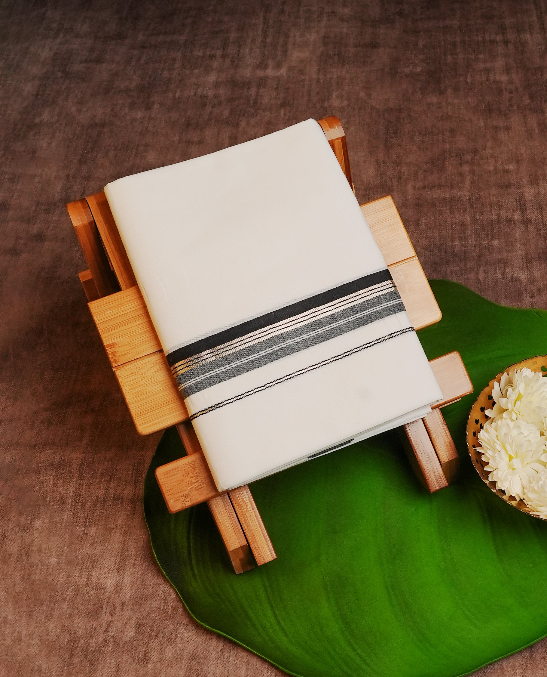 Off white Colour Cotton Double Dhoti Finished With A Classic Light gold & Black Kara.
