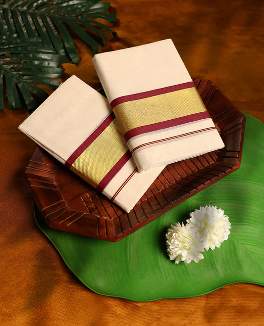 Off white colour cotton SET MUNDU featuring a plain body, complemented by a bold gold & Deep Red toned border (2.00/2.80 MTS).