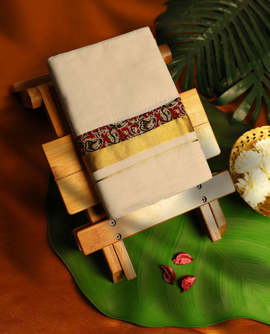 Light ivory Colour cotton double dhoti having Gold with Multi Colour Ajrakh kara, crafted for traditional elegance & comfort, for men.