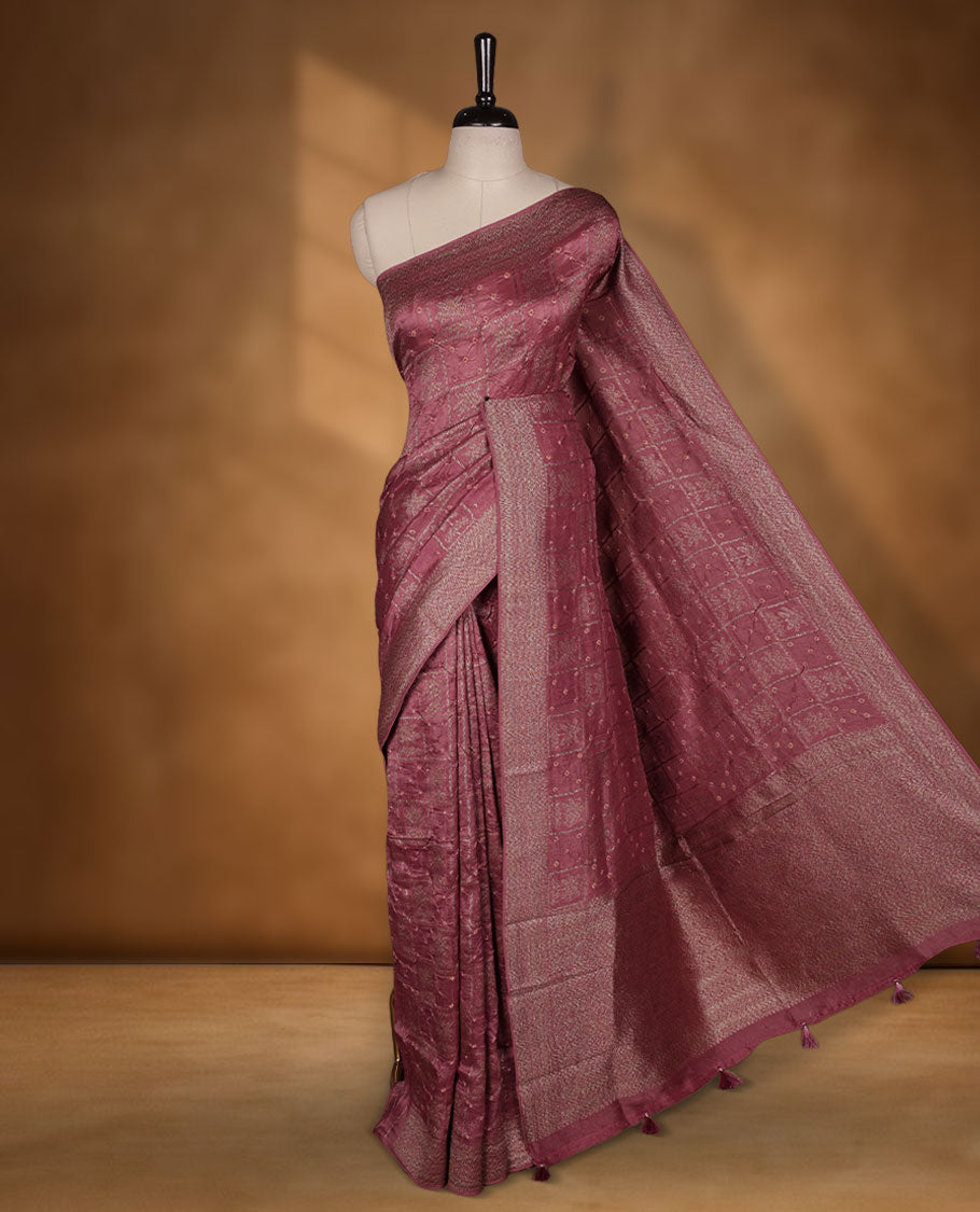 Dark Dusty Pink colour Banarasi Bandhani silk saree featuring with intricate Banarasi motifs on body, complemented by antique zari woven border and grand pallu, paired with matching  blouse
