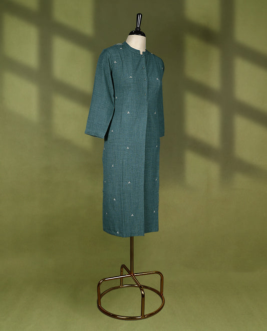 Dull green coloured Readymade kurti with thread buttas for women, featuring 3/4 sleeves.