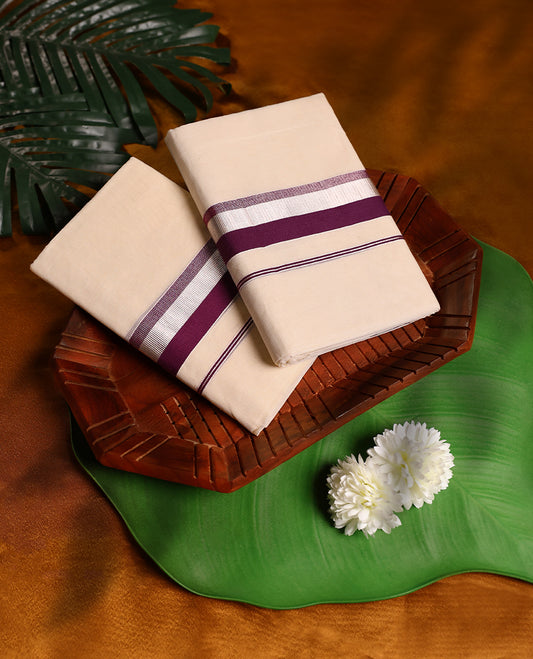 Off white colour cotton SET MUNDU featuring a plain body, complemented by a deep Grape and silver toned border (2.00/2.80 MTS ).
