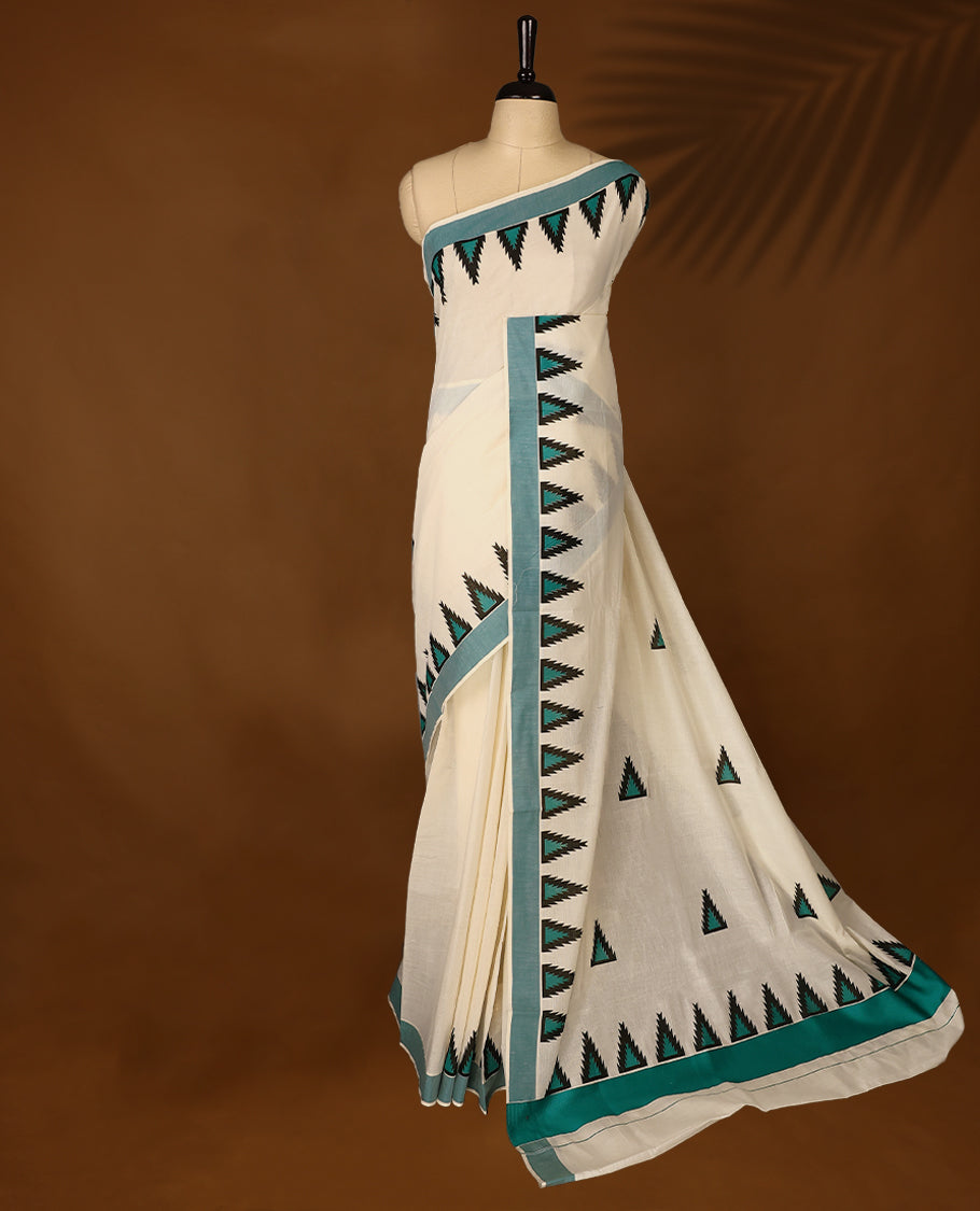 Elegant off white colour cotton Kerala saree featuring Plain body, Deep Aqua Green colour border with temple designs, Paired with matching blouse offering a classic and graceful look