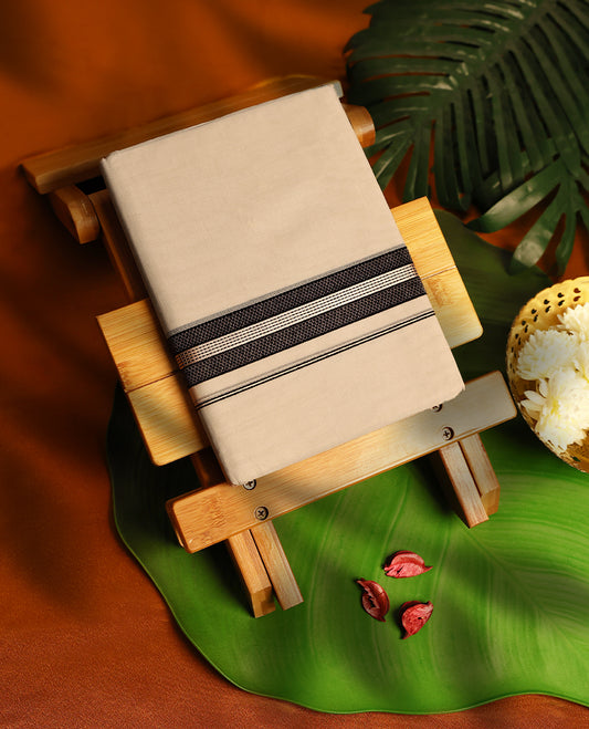 Light ivory Colour cotton double dhoti with 1.5 Inch Black & light Rose Gold kara, crafted for traditional elegance & comfort, for men.
