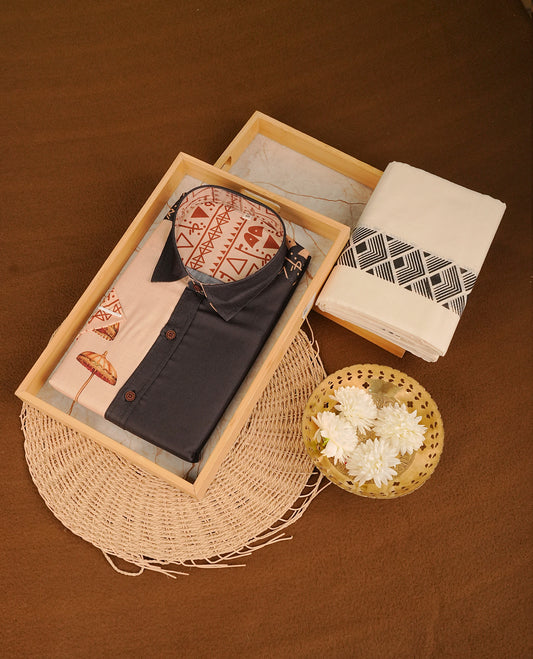 Black & cream colour shirt featuring Pattern printed body, paired with cream colour double dhoti featuring Black colour printed border.