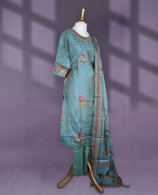 Pastel Teal green colour salwar set featuring elegant floral prints on the kurta and sleeves, detailed round neckline, paired with plain matching bottom and dupatta with intricate border work.