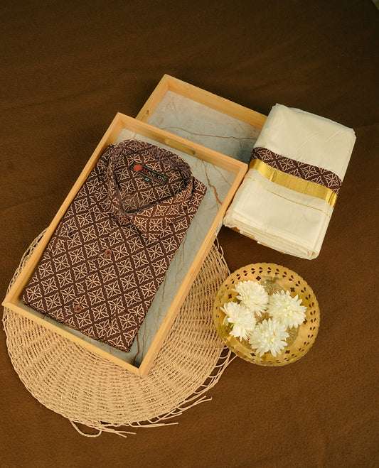 Chocolate Brown colour shirt featuring Cream colour Pattern printed body, paired with cream colour double dhoti featuring Gold kara with Same printed border.
