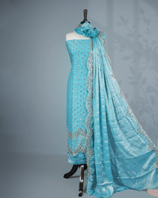 Sky blue colour salwar material with Cut beats & sequins work on body, Matching Bottom & dupatta.